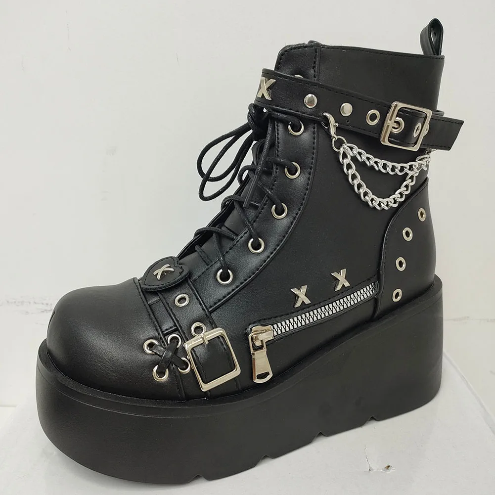 Brand New Ladies Goth Platform Ankle Boots Fashion Buckle Zip Rivet Punk Wedges High Heels Womens Boots Party Street Woman Shoes view 6