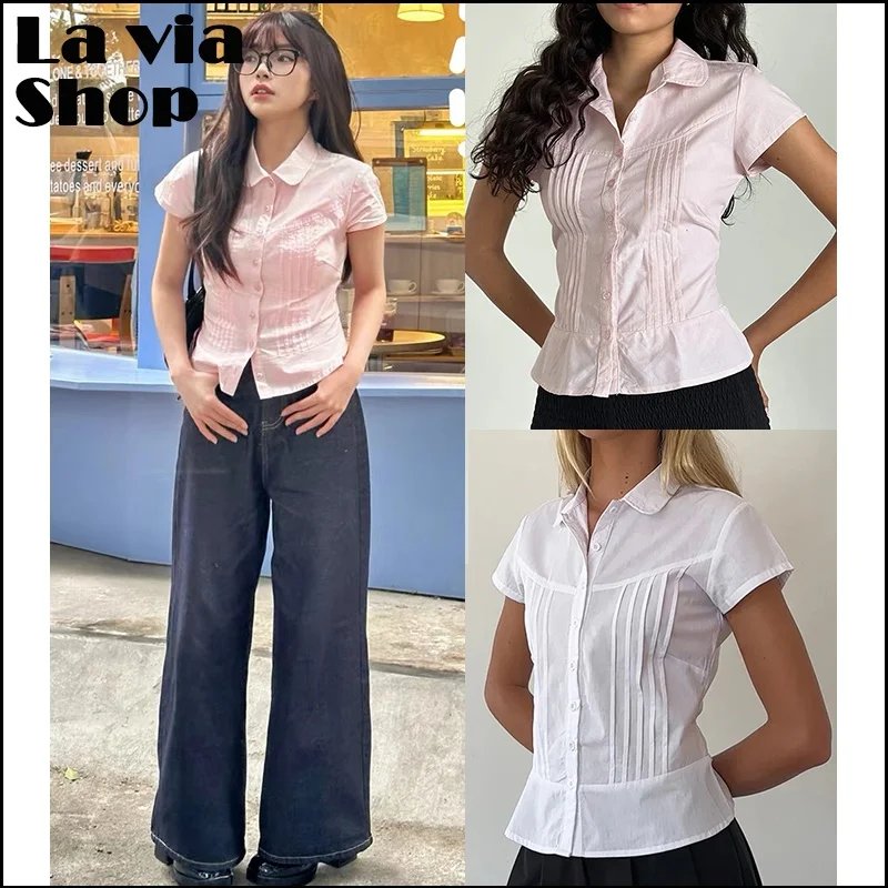 

La via Motel Ros Pink Pleated Slim Fit Collared ort Sve irt Sweet Sle Handpied Store Fem Summer Faion
