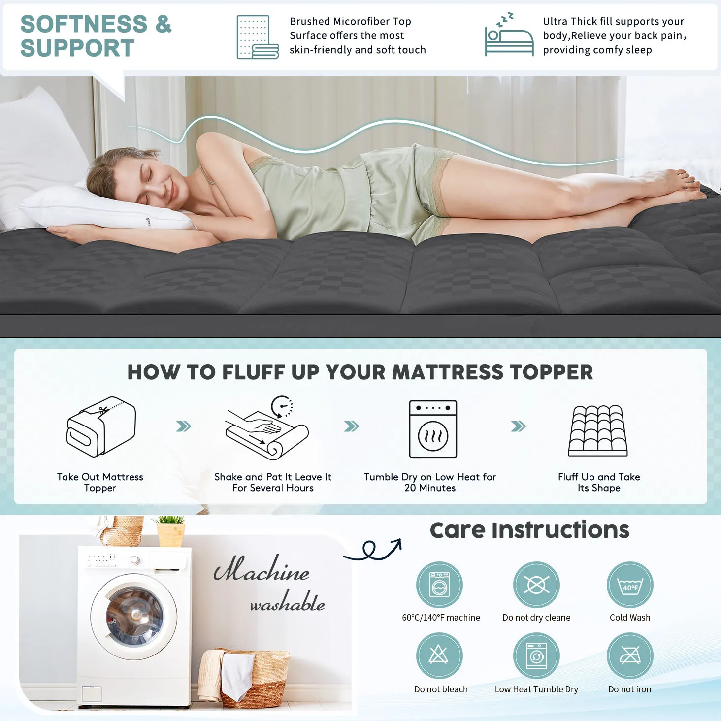 غطاء مرتبة سميك للغاية، غطاء وسادة مرتبة لآلام الظهر، واقي مرتبة تبريد، حشوة بديلة مملوءة بشكل كبير #3