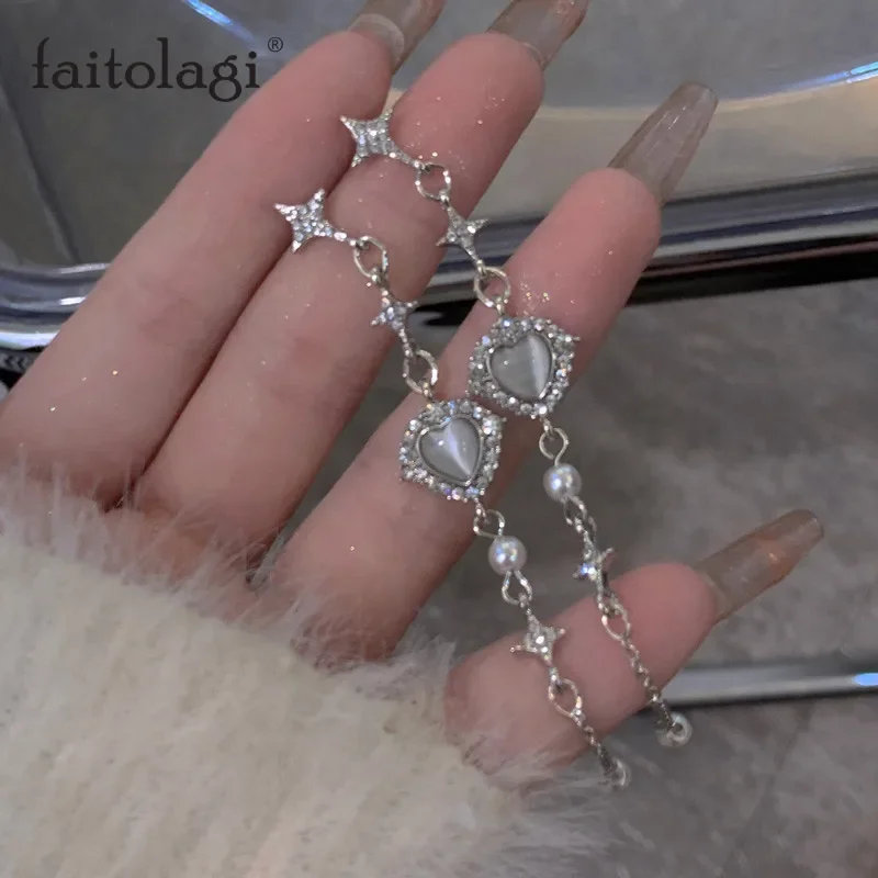 Korean Star Tassel Heart Opal Earrings Y2K Cross Star Love Long Drop Earring Sweet Elegant Aesthetic Heart Dangle Earrings Girl