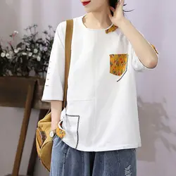 Summer Casual Fashion Patchwork Solid Color T-shirt Women's Clothing 2023 Loose All-match Vintage Short Sleeve Round Neck Tops