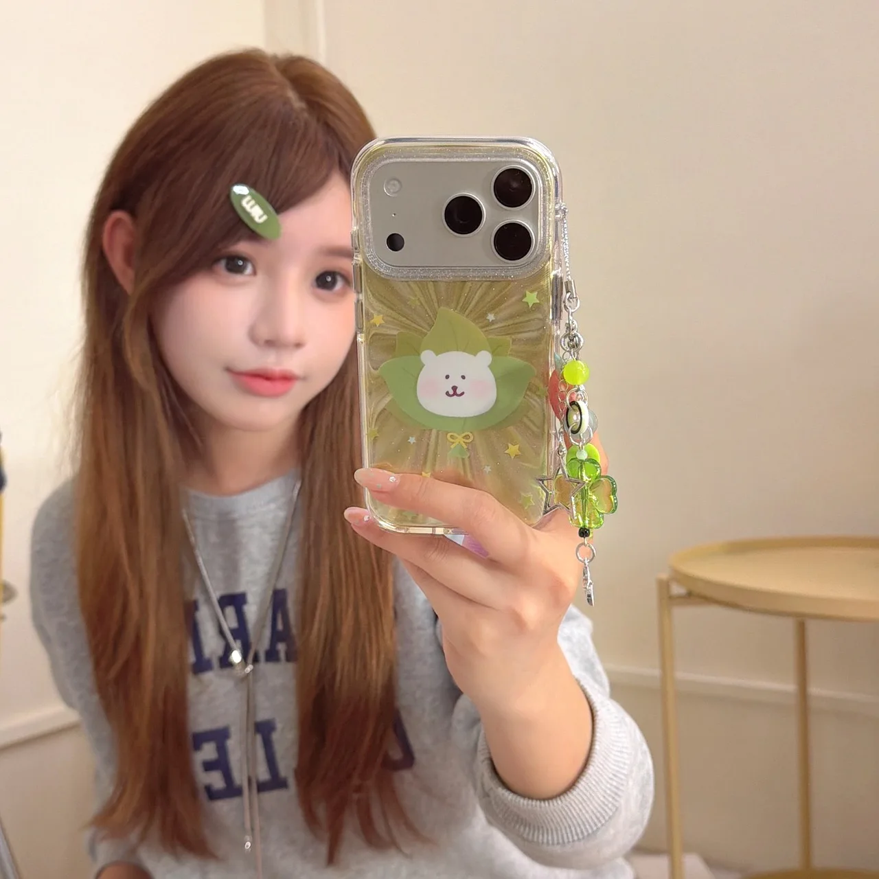 Round-Edge Airbag Double-Sided IMD Grapefruit Leaf White Bear Phone Case for iphone 17 Promax  16 15 14  13 Back Cover Gift