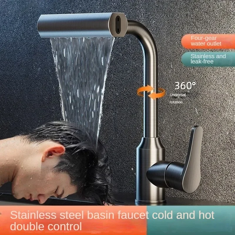 4 Mode Kitchen Faucet Pull Out Waterfall/Rainfall/Stream/Blade Sprayer Head Rotate Kitchen Sink Taps Hot/Cold Water Single Hole