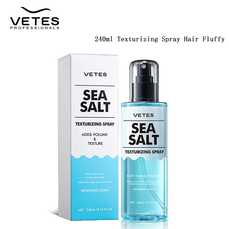 

VETES Spary Dry Hair Spary 240 мл Пушистые волосы Мгновенное текстурирование Spary Морская соль Текстура Толщина Повышает кудри Без масла Мгновенное придание волос