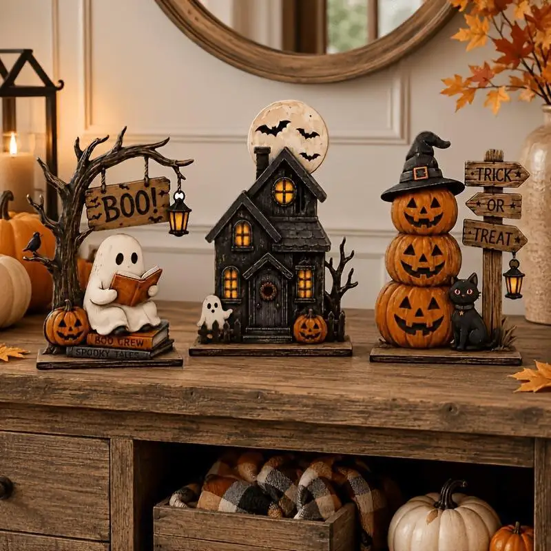 3 Stück Vintage-Halloween-Holz-Dekorationen für den Innenbereich mit Geister-, schwarzen Katzen- und Kürbis-Elementen zur Regaldekoration – Detail 4