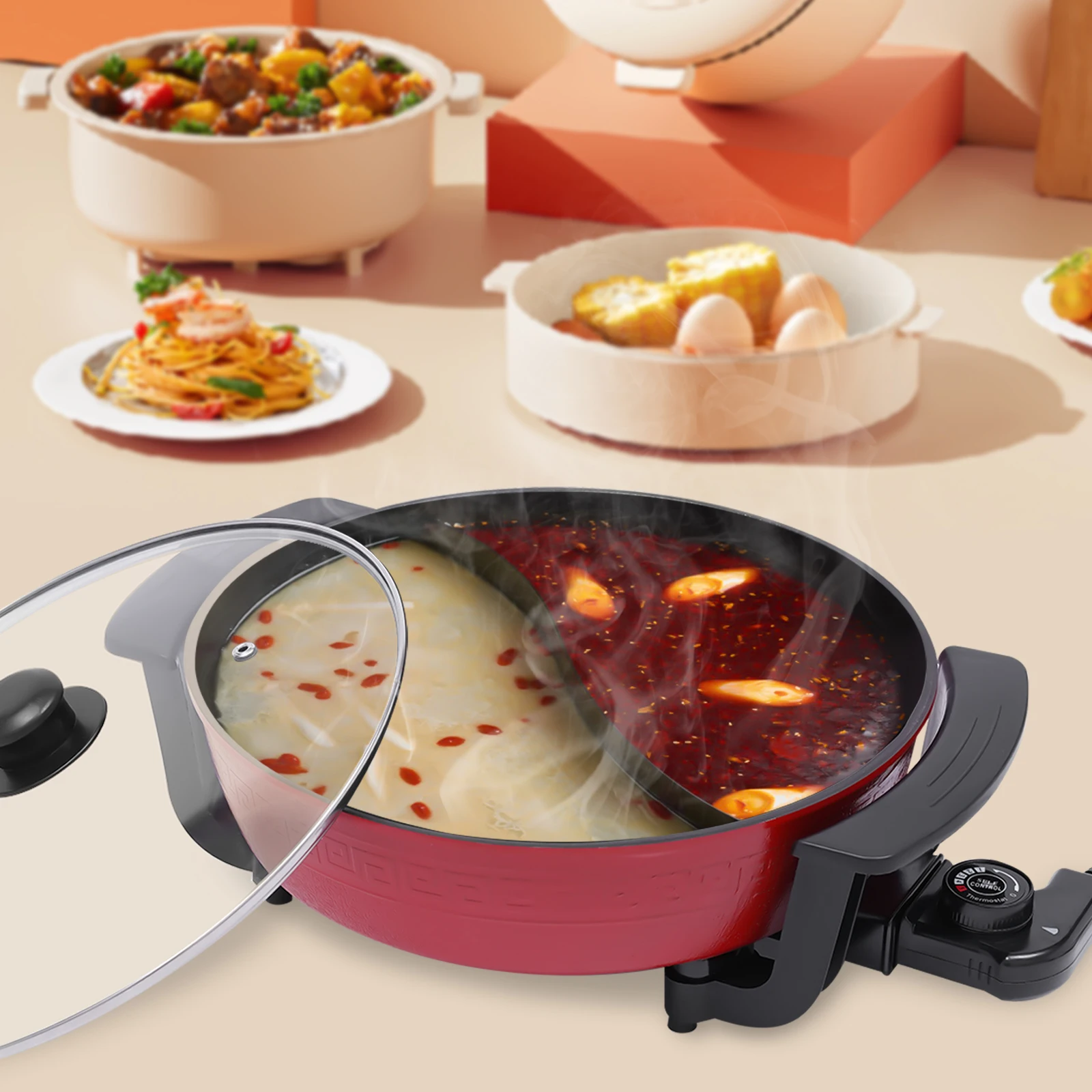 1360W 6L Electric Hot Pot Pot with Lid Soup Cooking Tool Kitchen Soup Pots Yin Yang Hotpot Non-stick Shabu Fire Pot