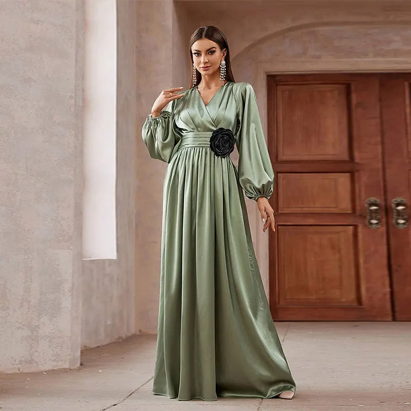 Elegant Satin Flower Maxi Dresses for Women Evening Wedding Party Muslim Dress Turkey Kaftan Dubai Abaya Morocco Vestidos Gown