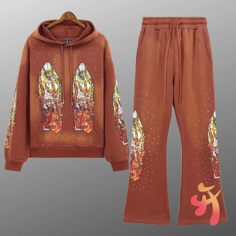 

Men Women Street Cleanfit Set WHO DECIDES WAR Hoodies Washed Retro Orange Glass Flame Print Hoody Casual Bell-bottoms Pants