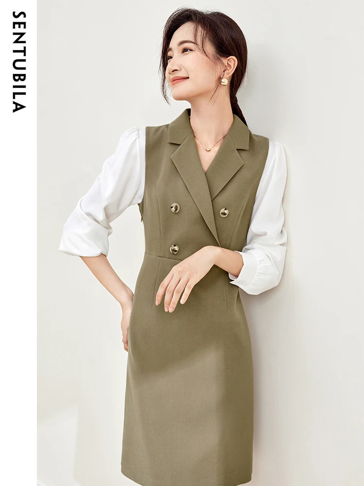 

SENTUBILA Casual Sleeveless Knitted Dress For Women 2024 Autumn Office Lady Blazer Dress Double Breasted Midi Dress 133L50422