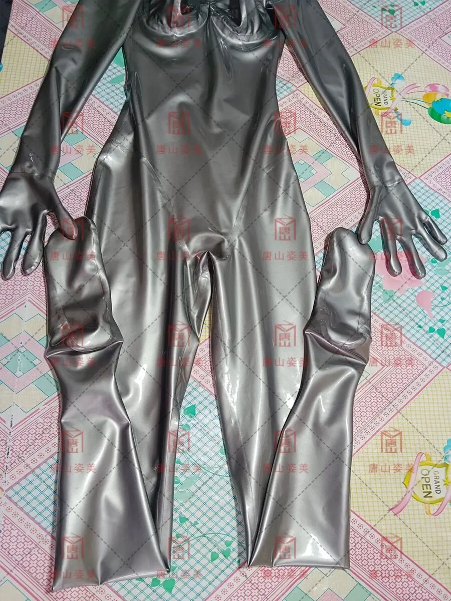 Sliver latex catsuit 3d breast cut handmade glue gloves no zip neck entry 0.4mm