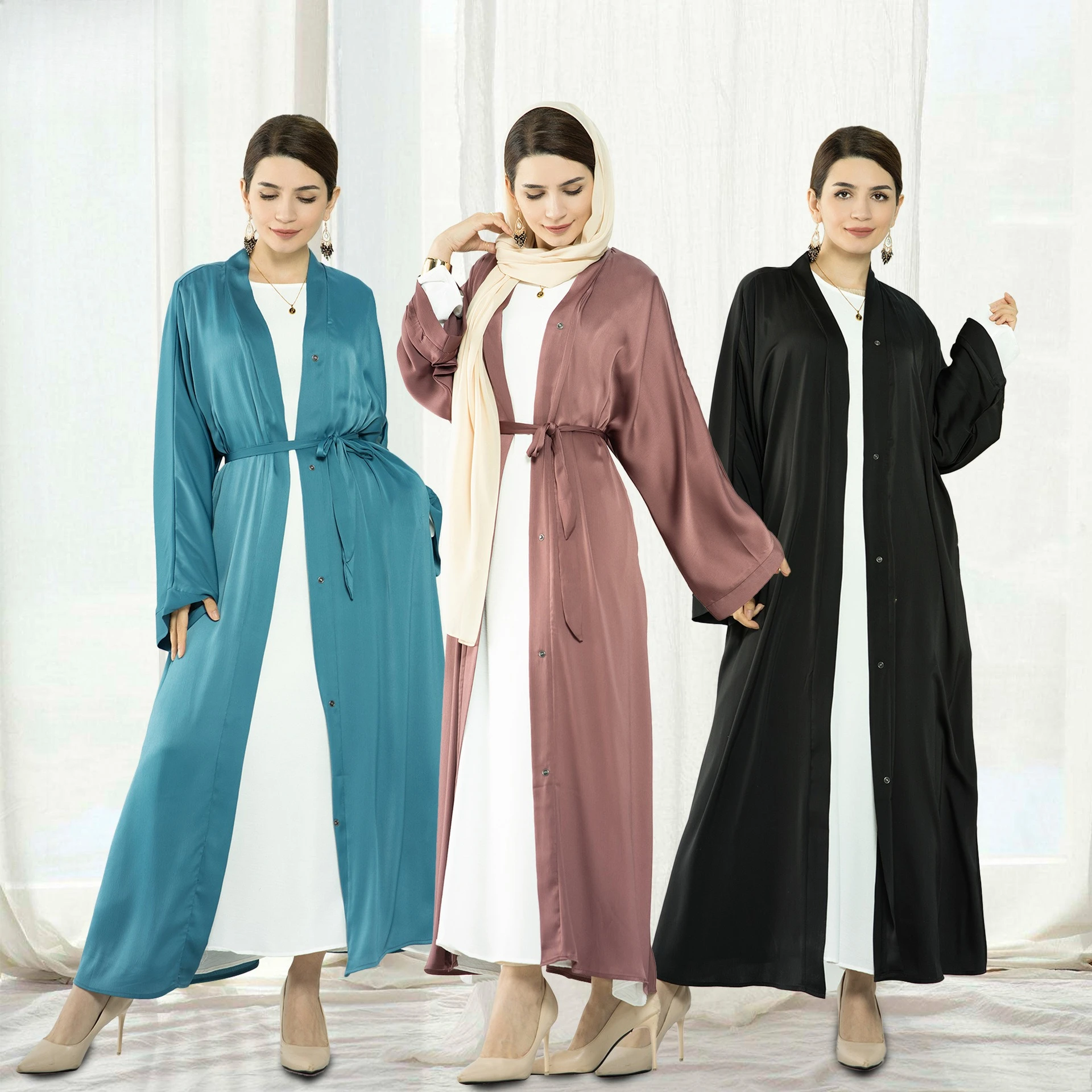 

Elegant Muslim Ladies Abaya Jacket Turkish Embroidery Wave Trim Open Front Long Cardigan Islamic Clothing