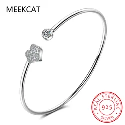 100% Real 925 Sterling Silver Round Clear Ten Heart CZ Open Bracelet For Women Fine Jewelry Charm Adjustable Bangle Gift RHB719