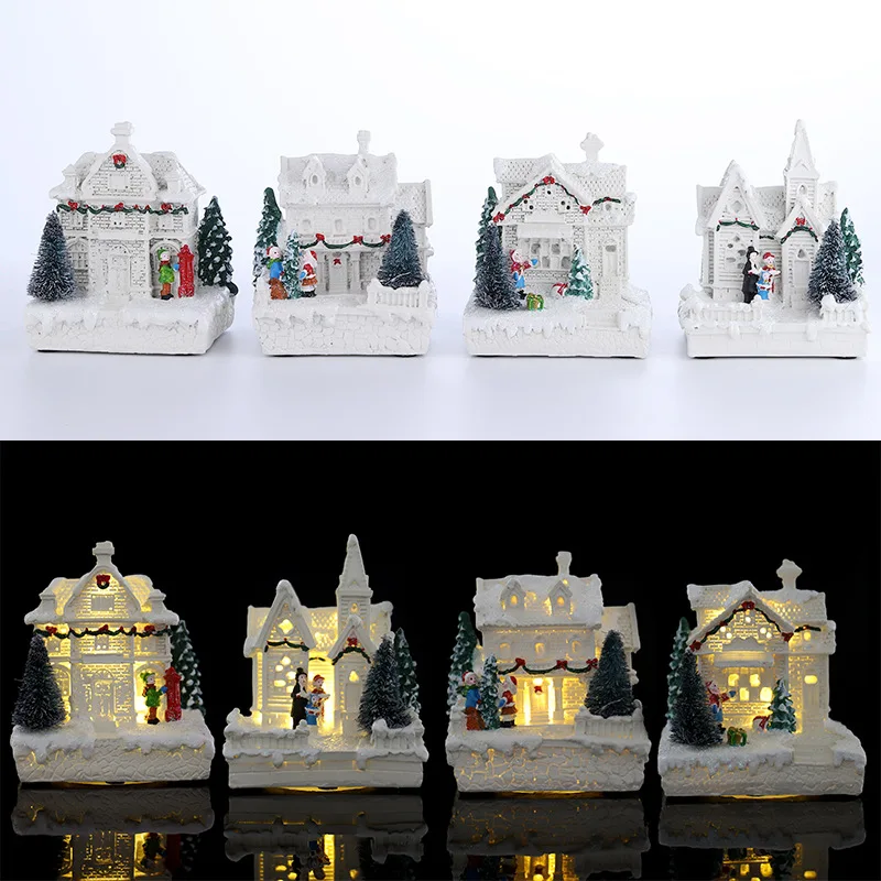 LED Warm Light White Snow House statua in resina, luminoso Christmas Snow House, ornamenti per la decorazione della casa, stile americano