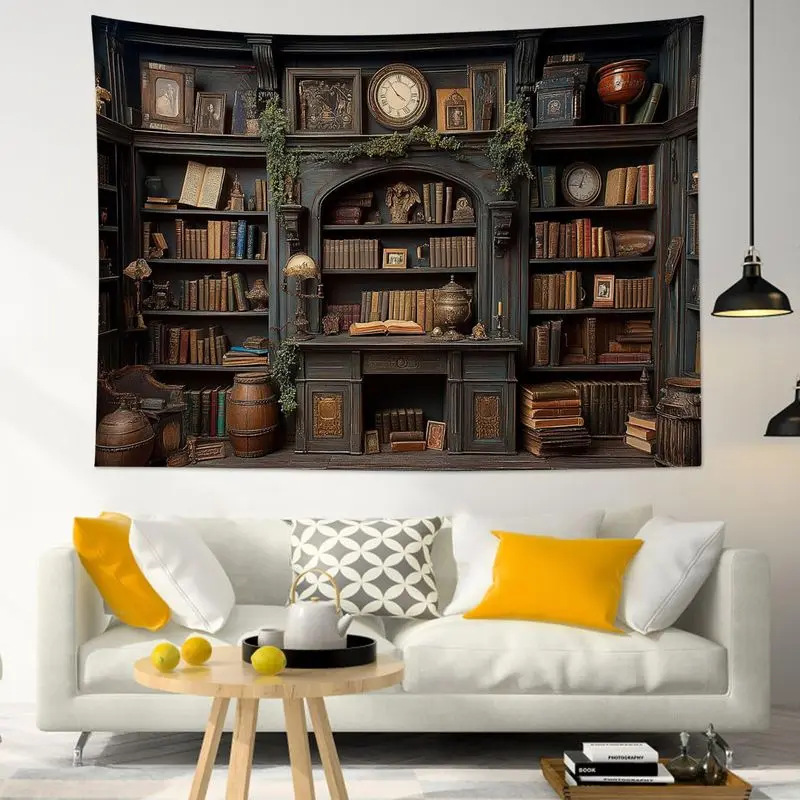 VIKAMA Vintage Bookshelf Tapestry Wall Hanging Dark Academia Library Study Aesthetic Wall Art Living Room Bedroom Decor