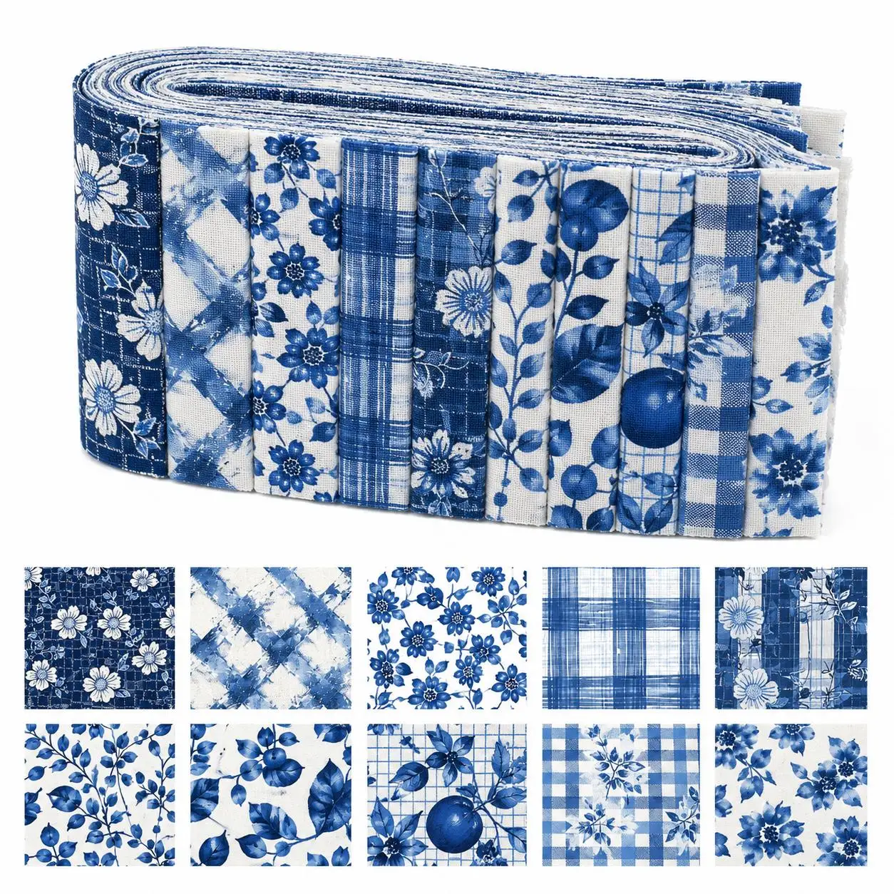10pcs Vintage Floral Plaid Jelly Roll Fabric Strips 2.5X19.7inch Pre-cut 100% Polyester for Patchwork Quilts, Table Runners