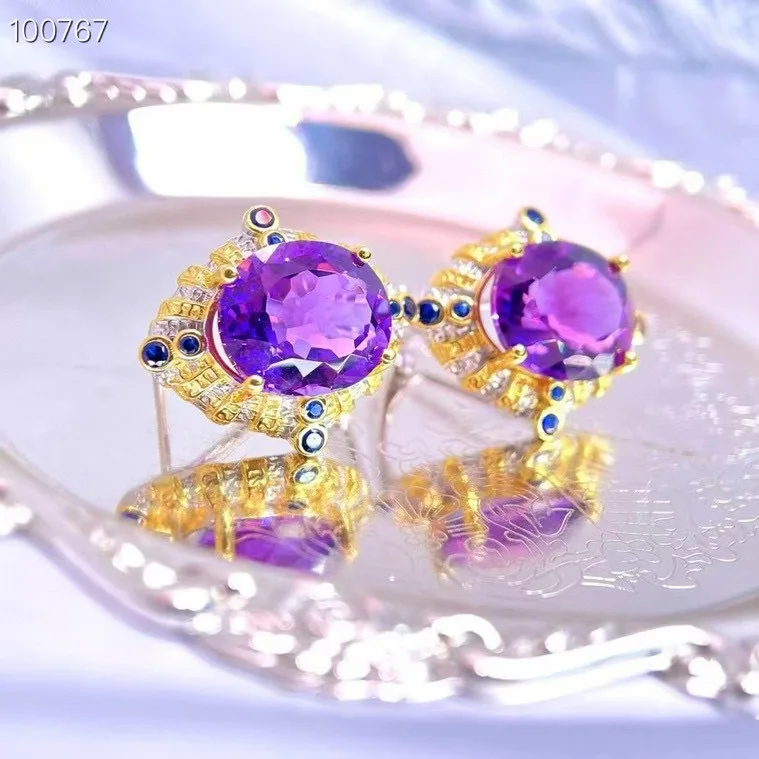 Natural Amethyst Earrings, 925 Silver Two-Tone Finish 10x14mm Main Stones, Handmade Crystal Jewelry Gift for Women