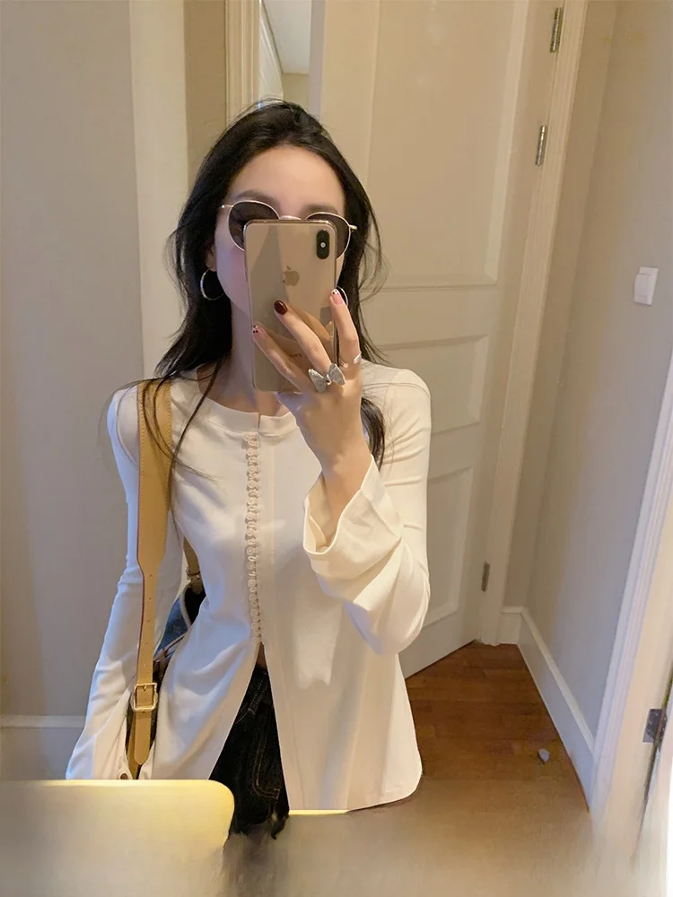 

Женская приталенная футболка с длинным рукавом, на одной пуговице, с эффектом утяжки на талии, шикарный повседневный топ с круглым вырезом, стандартной длины