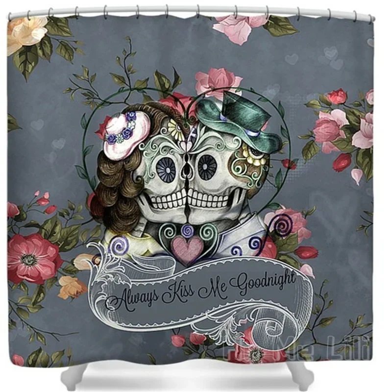 Skull Goat Demonic Black Metal Girl Shower Curtain Rose Floral Always Kiss Me Gothic Witch Esoteric Magic Bathroom Decor