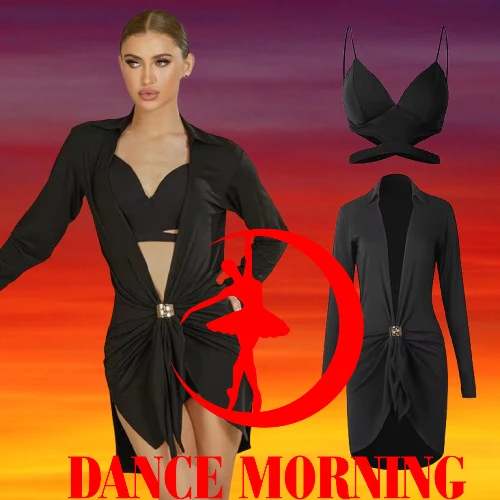 

ZYM Latin Dance Shirt Dress Long Sleeves Rumba Cha Cha Dance Performance Practice Training Dress Deep V Neck Dress Coat