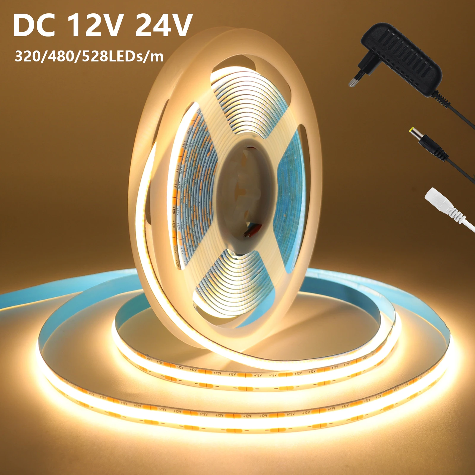 LED Tape COB 12V 24V High Brightness 320 480 528LEDs/m Flexible COB LED Strip With EU US Power Supply 8mm PCB Linear Lighting