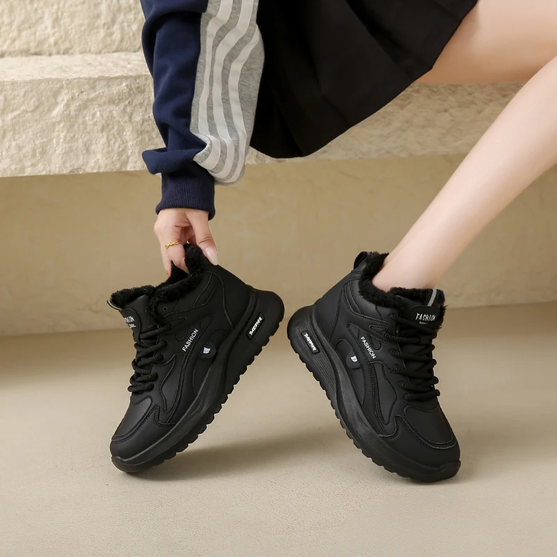CRLAYDK damskie zimowe grube trampki podszyte futrem PU skórzane buty na platformie Walking Casual Sport kostki Botas wysokie góry tenis