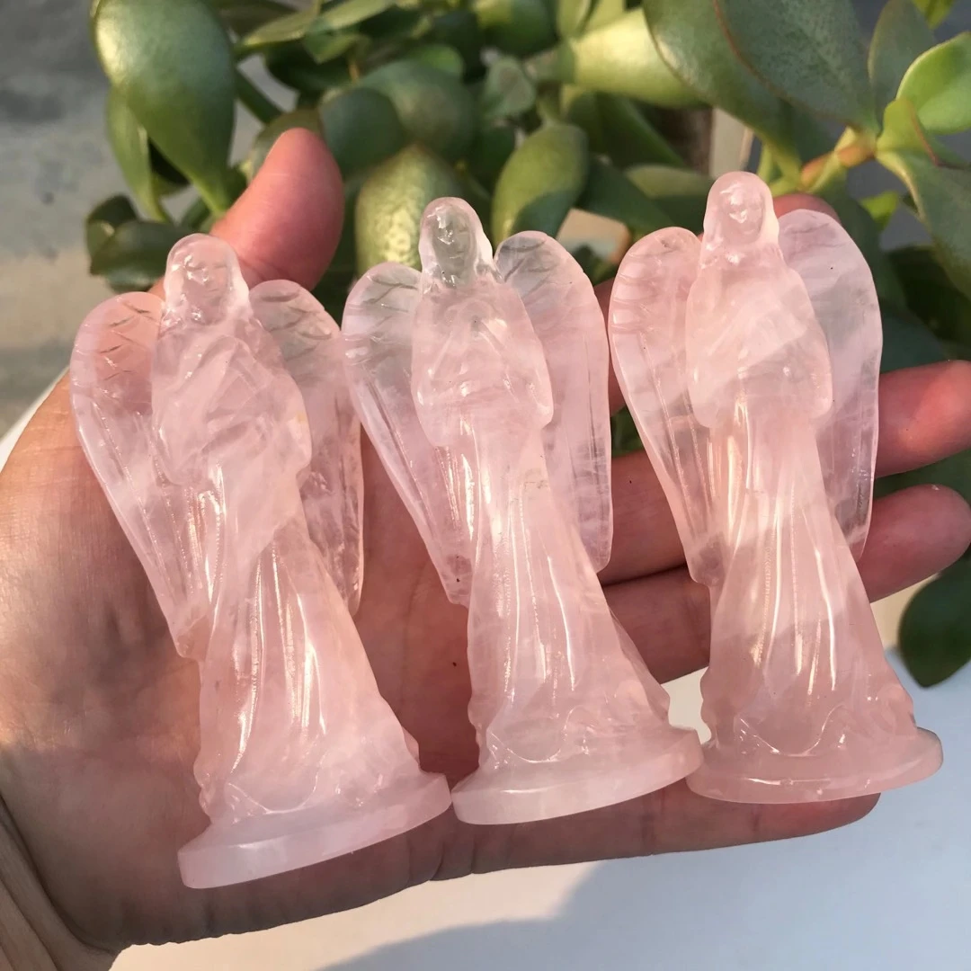 90mm Natural Pink Crystal Angel Statue Stone Carving Pink Crystal Reiki Healing Figurine Home Decoration Trinket Craft Gift 1pcs