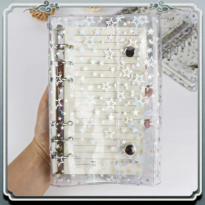 ABIJ-5X A6 Budget Binder Cover Clear PVC 6 Ring Binder Glitter Star Refillable Notebook Shell Protector With 2 Snaps