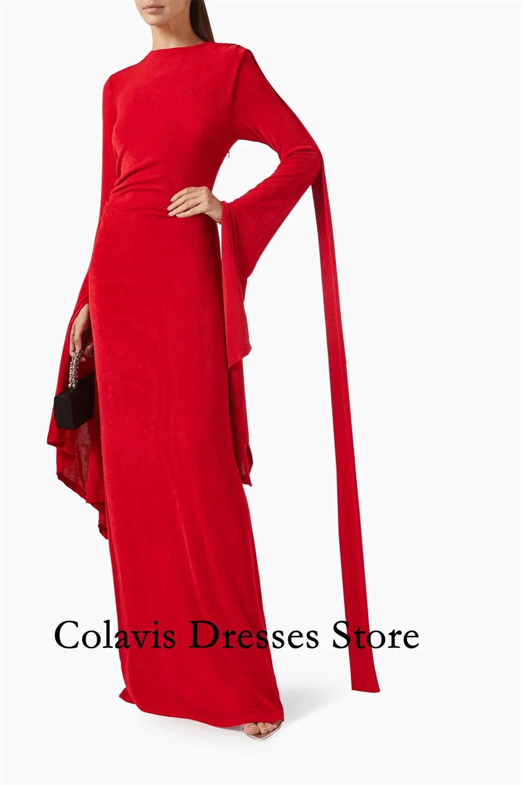 

2025 Customized O-Neck Red Flare Sleeves Mermaid Chiffon Prom Dresses Evening Dress Women Evening Gowns Formal Party Dress