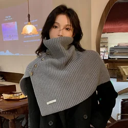 Poncho Cloak Button Split High Necked Shawl Women's Autumn Winter Korean Version Versatile Pullover Knitted Cape Gray