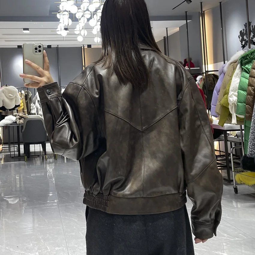 JANEFUR Giacca da donna in vera pelle Retro Marrone Vera pelle di pecora Giacche Cappotti Moda Autunno Chic Donna Casual JFB6-25007