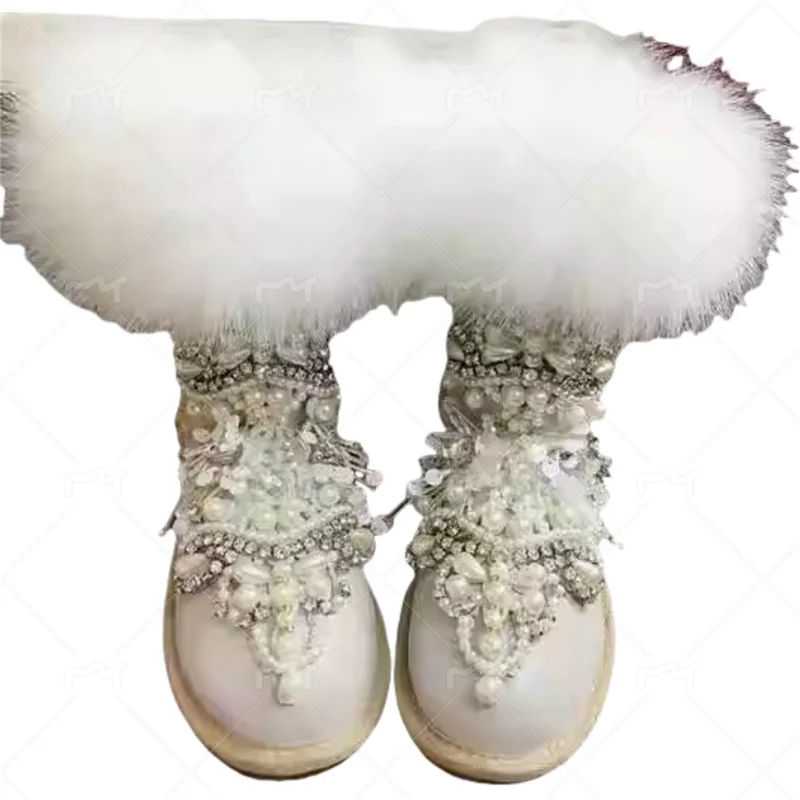 Super fox hair pearl jeweled fringed sequin fur luxury snow boots handmade custom mid-tube white cotton boots 35-42