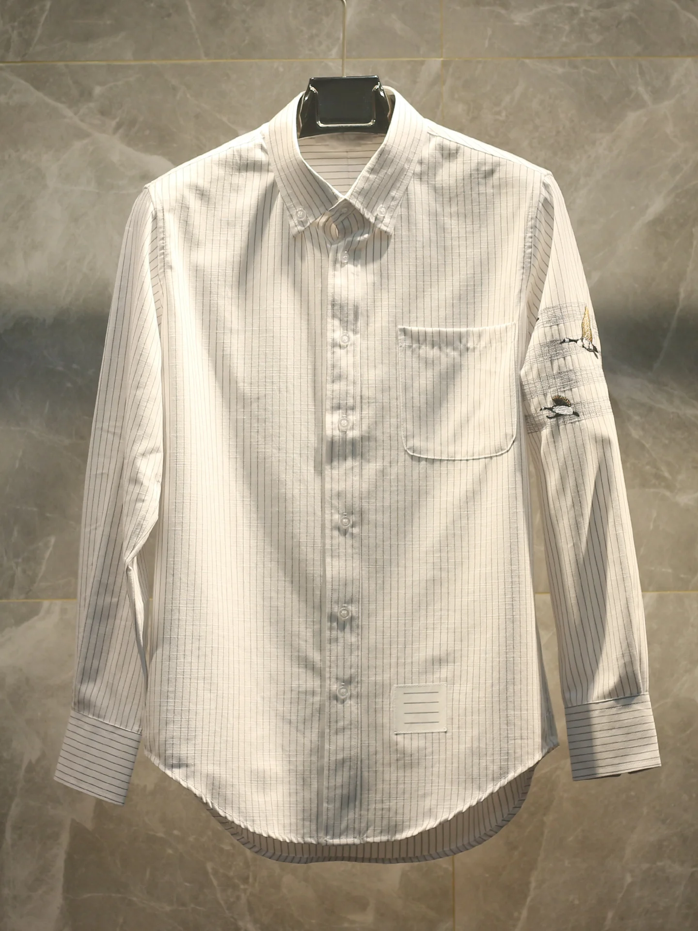 

Повседневная рубашка унисекс с вышивкой в виде гуся, весна-осень, новая модель, в полоску, из смесового хлопка оксфорд, с длинным рукавом, на пуговицах