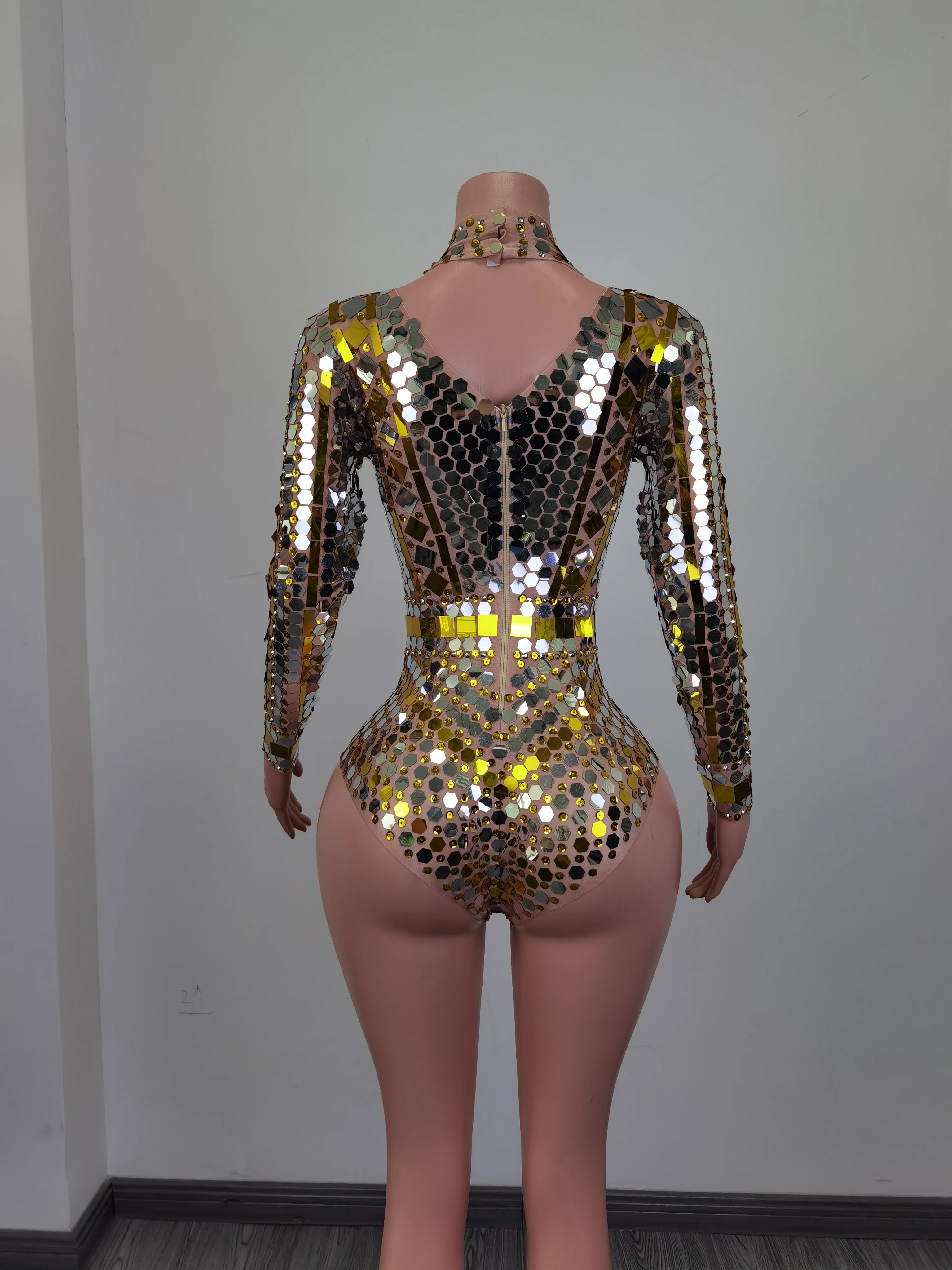 Sparkle Gold Sequins Crystals Diamond Jumpsuits Women One Piece Long Sleeved Leotards Club Party Wear Dance Stage Show Costumes