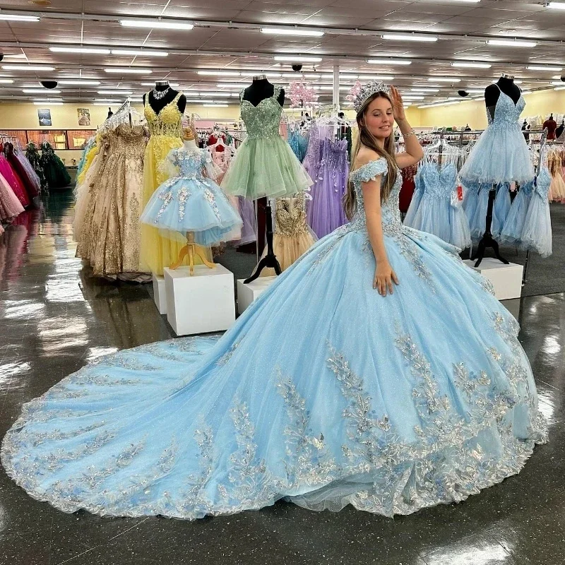 

Небесно-голубое блестящее платье Quinceanera, бальное платье, тюль, аппликация, кружево, 3D цветочные бусины, с открытыми плечами, милое платье 16, Vestidos De Fiesta