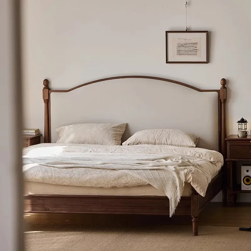 Medieval style solid wood Italian black walnut master bedroom double American bed soft bag