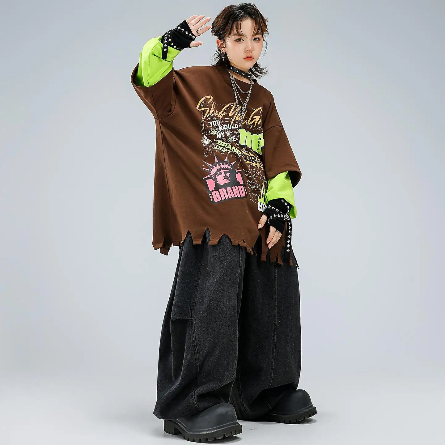 

teen boy girls boy jazz hip-hop Street dance clothes Irregular tassel patchwork hoodie jeans scarf child performance outfit 4-14