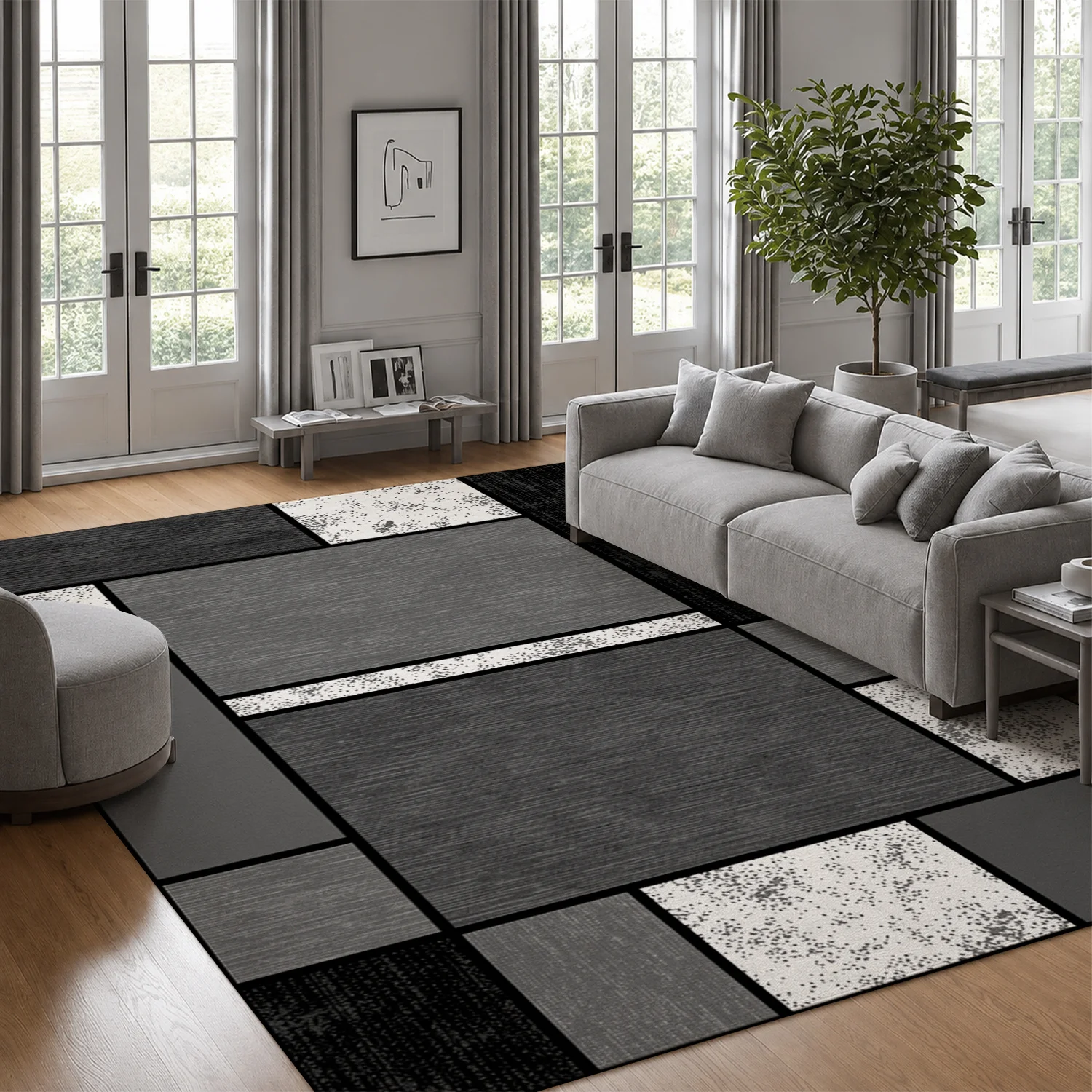Abstract Geometric Gray White Patchwork Area Rug, Velvet, Machine Washable Soft Durable, Suitable for Living Room, Bedroom, Office, Entryway, Ideal for Halloween, Thanksgiving, Black Friday, Christmas, New Year Home Decor
