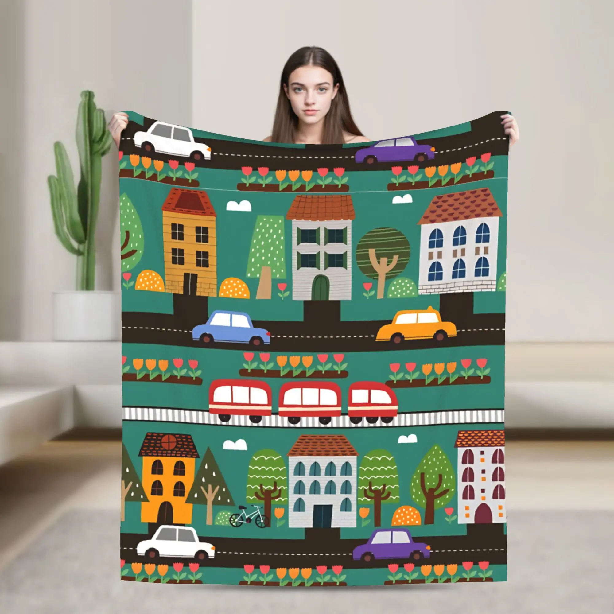 

seamlessall over road cars, trees, trains, Road Traffic Fleece Throw Blanket Blanket for Sofa Travel Lightweight Thin Quilt,