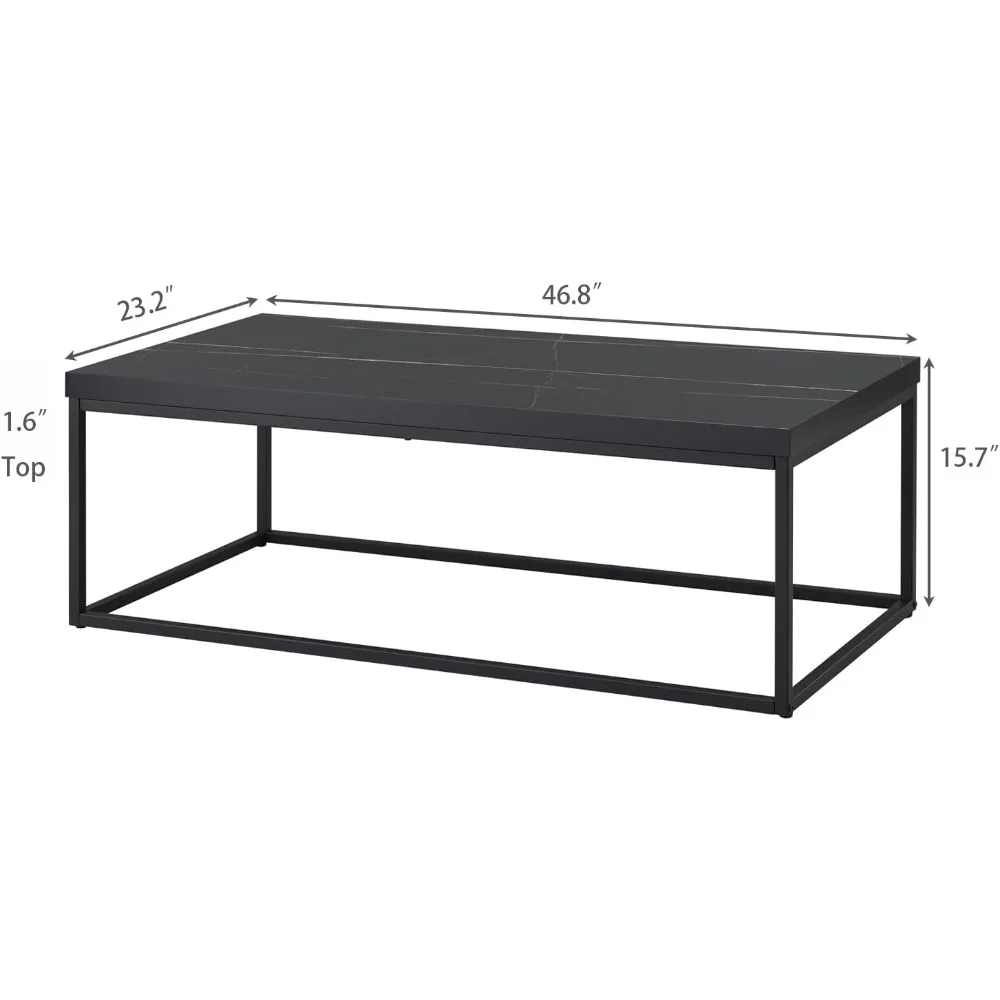 47 Modern Industrial Coffee Table - Black Marble Top with Wood and Metal Frame for Living Room