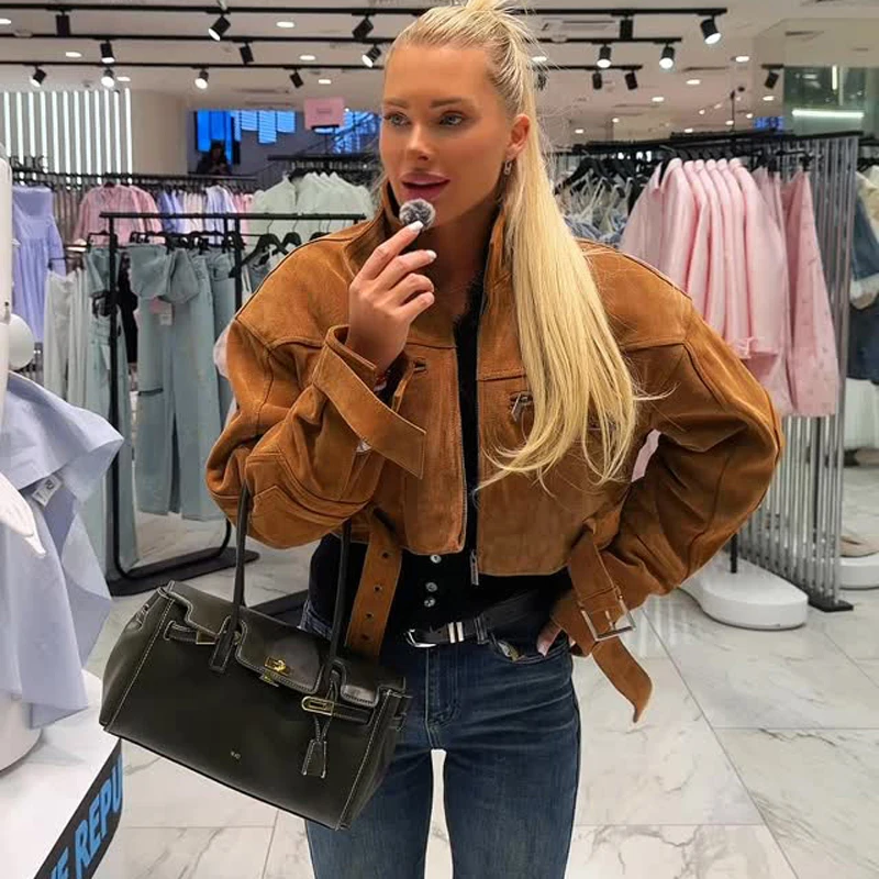 Damen Elastische Wildlederjacke mit Kordelzug in Braun, Modische Jacke mit Langen Ärmeln und Stehkragen, Locker Geschnittener Mantel für Frühling, Alltag und Streetwear 2026 – Detail 17
