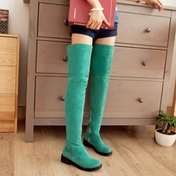 Low-Heeled Round Toe Nubuck Flock Material Women's Over-The-Knee Boots Classic Retro Minimalist Style Slip-On Long Boots