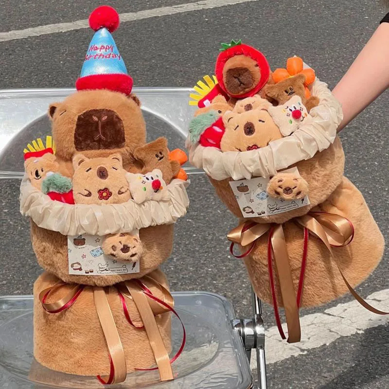 Capybara Plush Bouquet Happy Birthday Themed Stuffed Animal Gift Cute Cartoon Doll Bouquet for Celebration Kawaii Perfect Gifts
