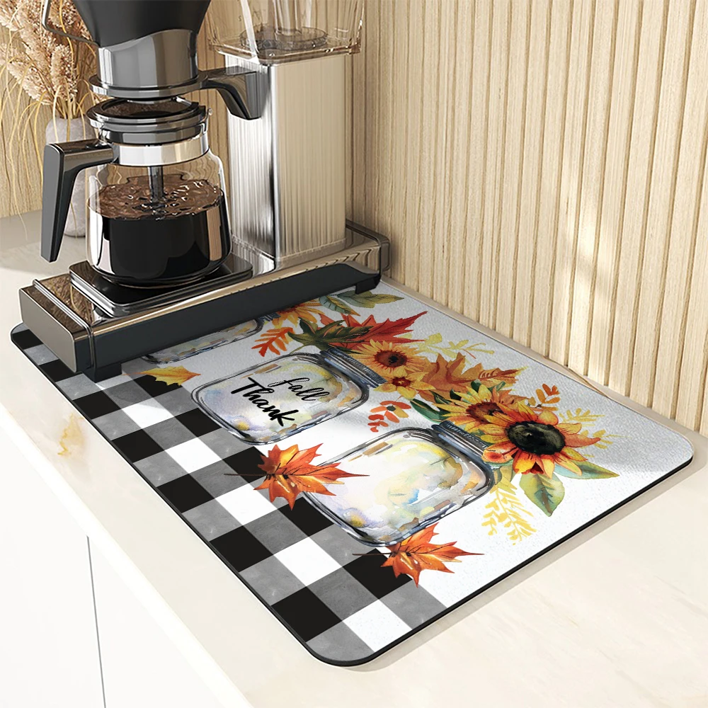 Coffee Mat Autumn Vase Letters Absorbent Draining Dish Drying Mat Dry Bathroom Tableware Hide Stain Rubber Backed Absorbent Mat