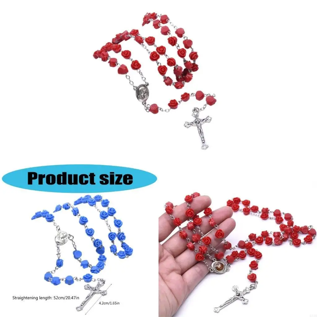 Collar rosario oración religiosa con cuentas rosas y cruces cuello colgante