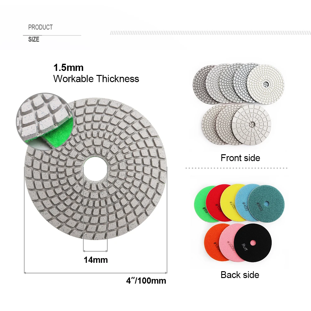 SHDIATOOL 7pcs #50-3000 Diamond Flexible Wet Polishing Pads Set 100mm Sanding Discs White Bond Abrasive Plate Granite Marble