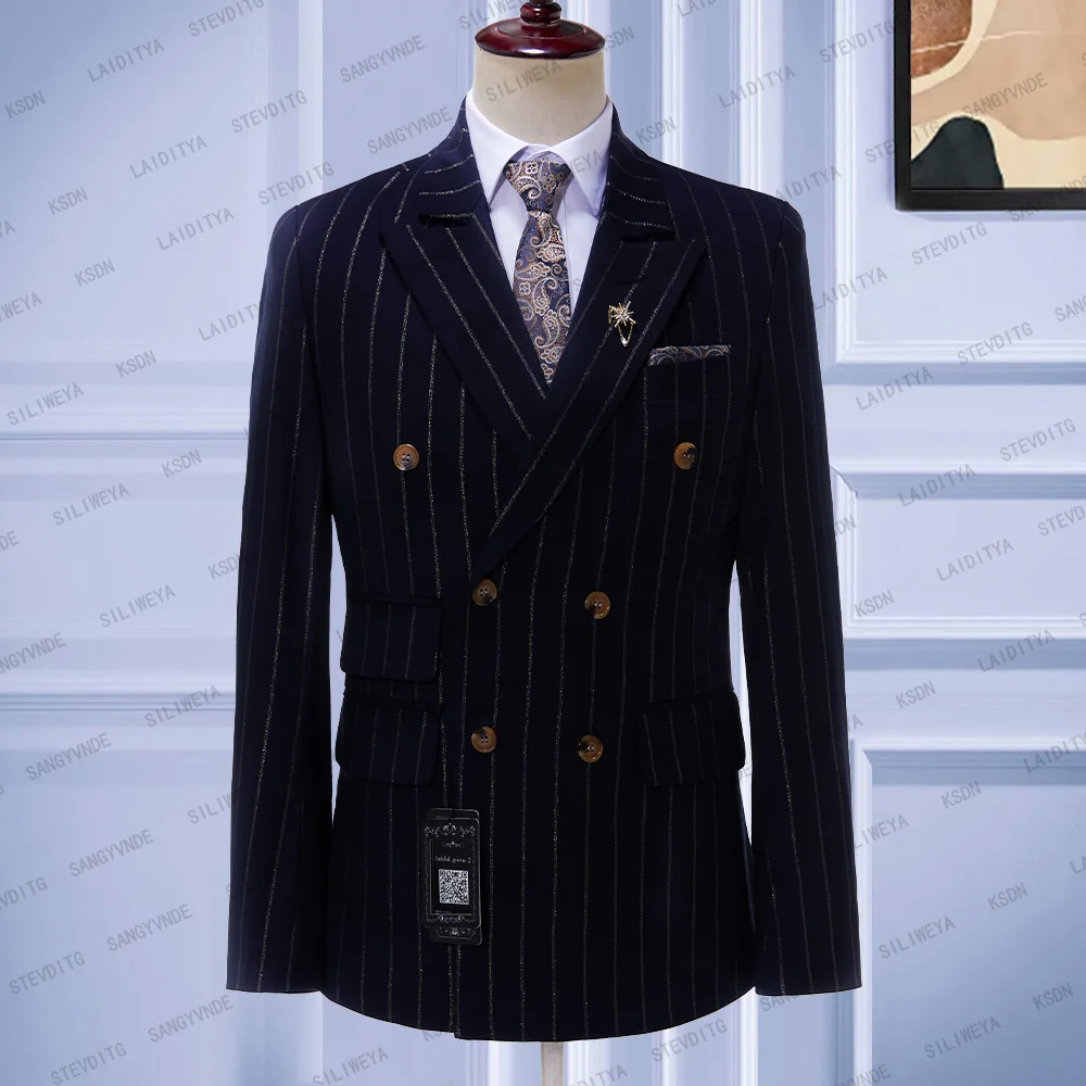 

Dark Blue Vertical Stripe Men Suit Double Breasted 2023 Latest Design Groom Wedding Tuxedo Best Costume Homme Jacket Blazer Coat