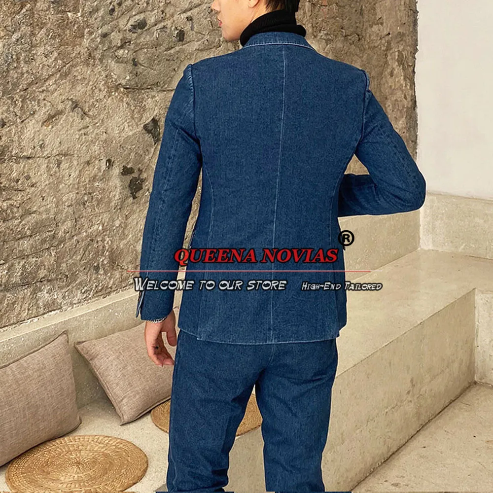 Boys Suits For Weddings Blue Denim Oxford Double Breasted Jacket Pants 2 Pieces Formal Children Party Tuxedos Kids Clothing 2024