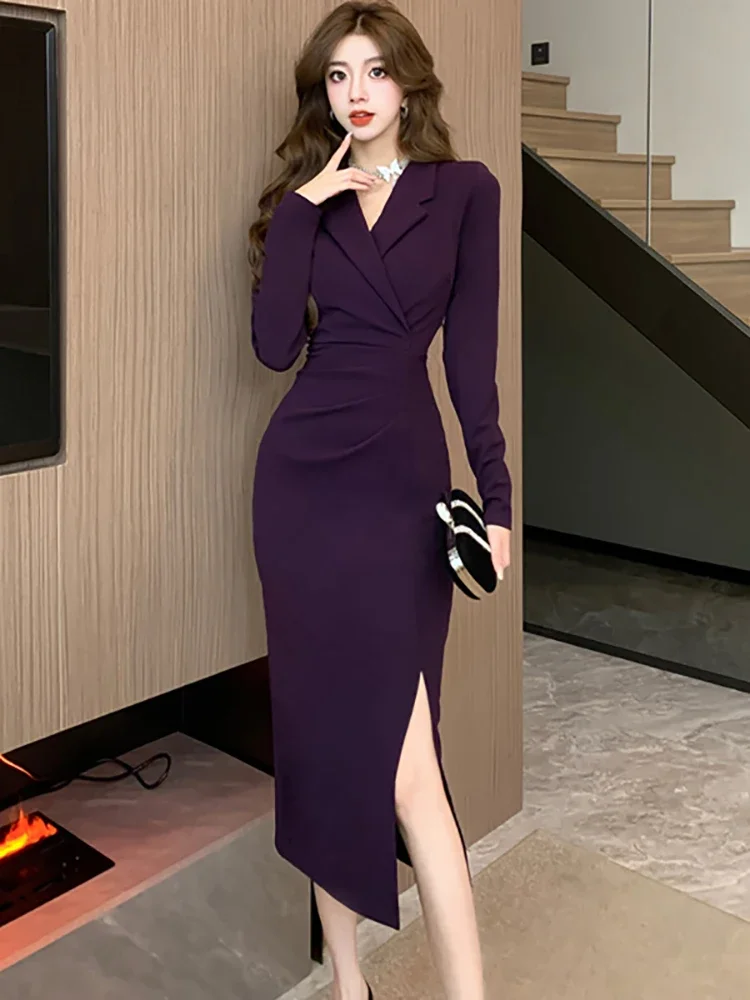 Purpled Elegant Pleated Bodycon Suit Dress for Women 2024 Korean Fashion Formal Dress Autumn Winter Chic Bespoke Occasion Dress