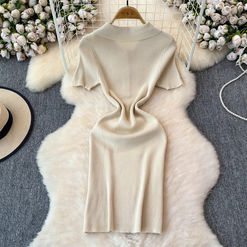 Summer Polo Collar Slim Fit Medium Length Dress Sexy Tight Fitting Hip Hugging Mini Dress Knitted Dress for women