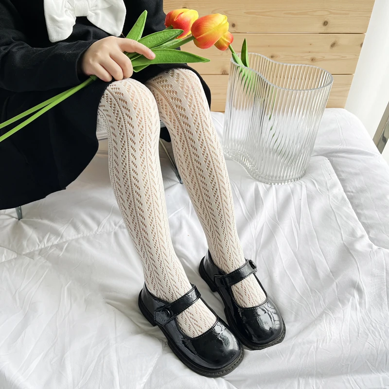 2024 New Summer Girls Tights Pure Cotton Breathable Mesh Beige White Black Children Princess Pantyhose Lolita Leggings For 2-12y